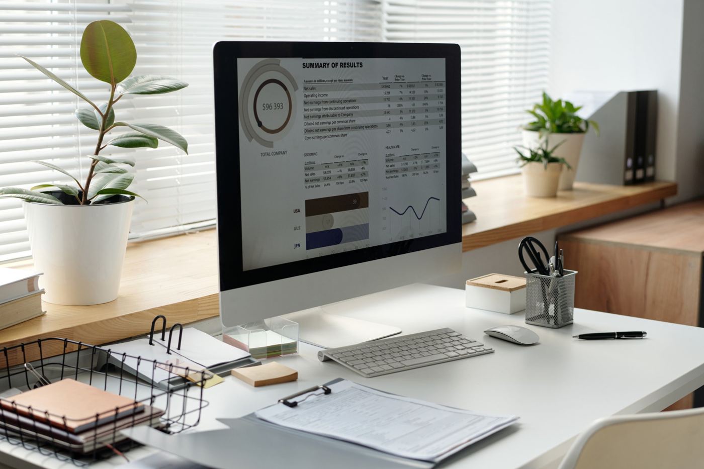 A desk with a results summary on screen